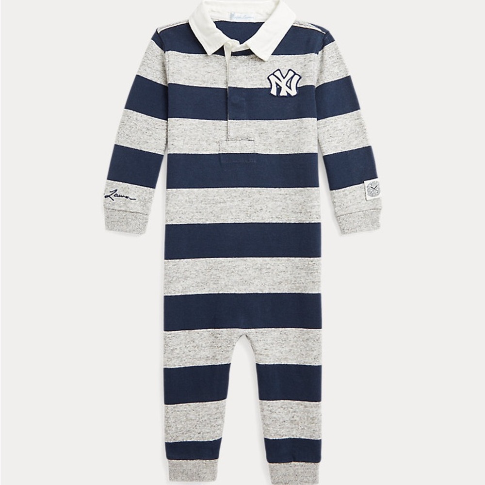 Ralph Lauren Yankees Baby Romper Striped Polo One Piece Blue Gray